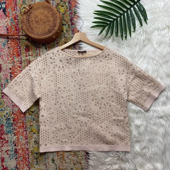 Lafayette 148 New York Tops - Lafayette 148 Pink Leather Trim Sheer Boxy Short Sleeve Shirt Blouse P / XS